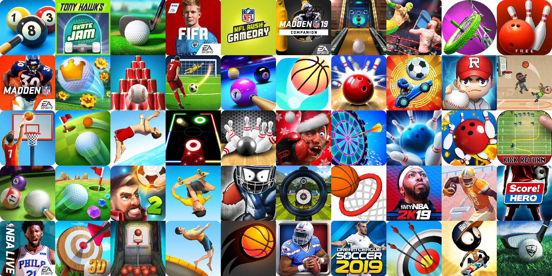 App icons of Top 50 mobile games in the US Play Store Game - Sports Category 